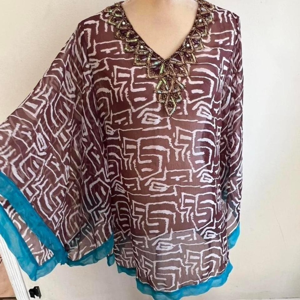 Alberto Makali Brown Turquoise Geometric Beaded Embellished Kaftan Top Small